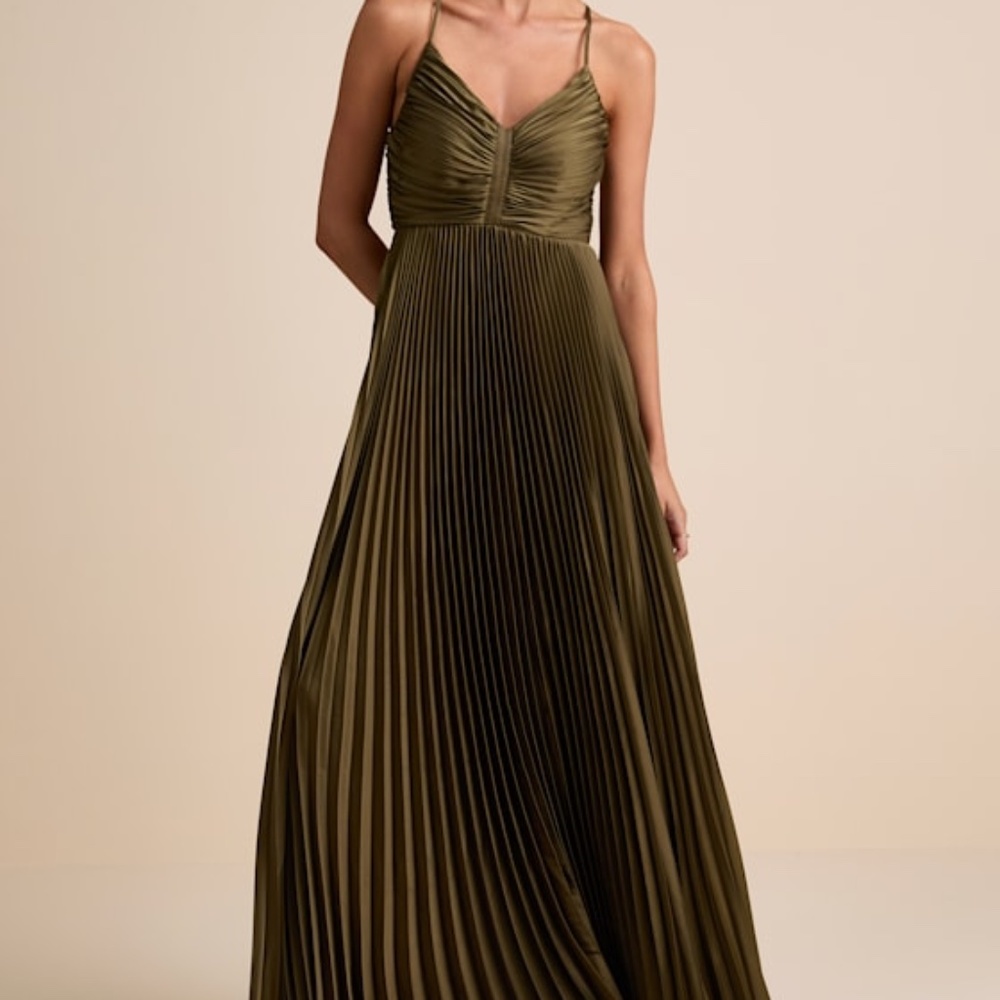 Lulus Dreaming In Color Olive Green V-neck Pleated Satin Maxi Dress - Size S